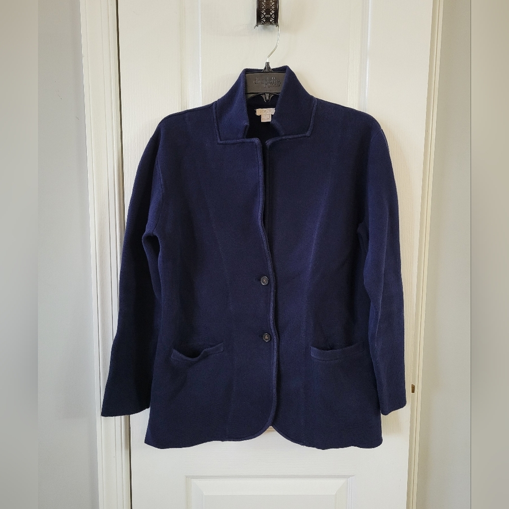 J. Crew Two Button Sweater Blazer Cotton Coatigan Navy Blue Size Medium